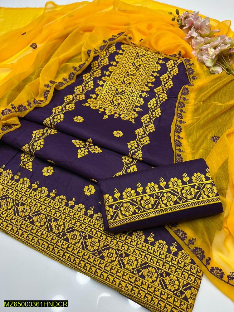 3 pcs women stitched lawn embroidered suit - Bold Beautiful