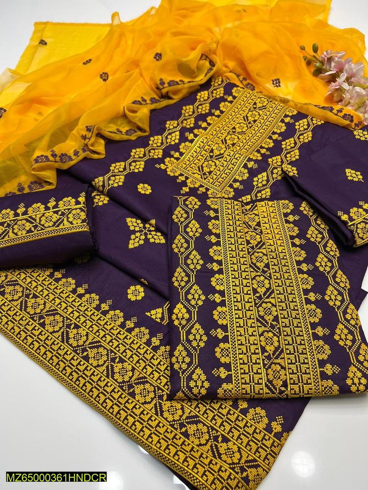 3 pcs women stitched lawn embroidered suit - Bold Beautiful