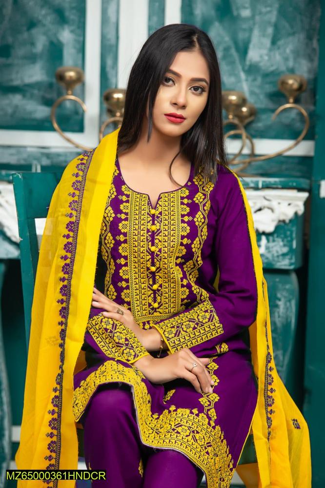 3 pcs women stitched lawn embroidered suit - Bold Beautiful