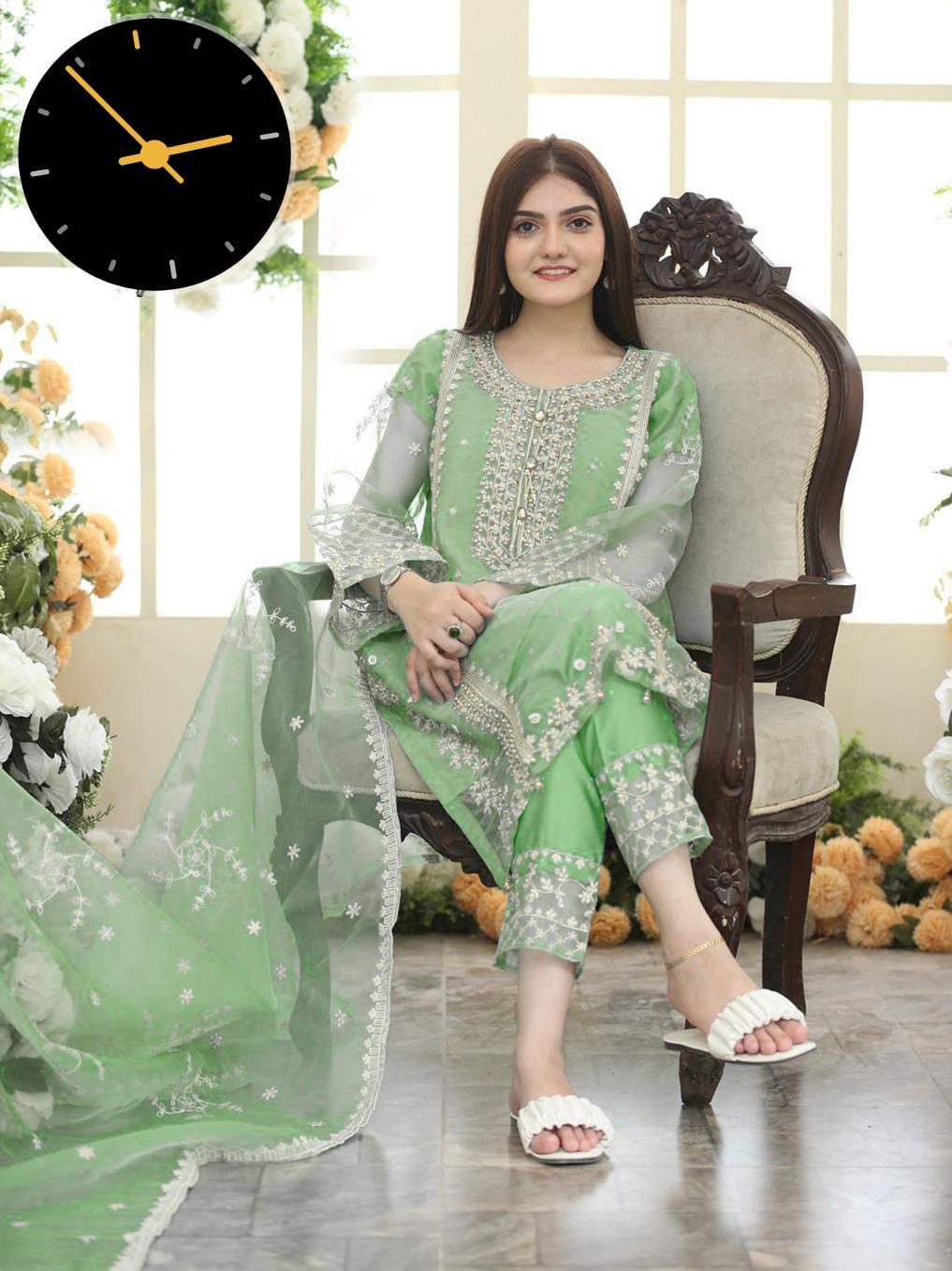3 Pcs Women's Stitched Organza Suit With Embroidered Dupatta - Bold Beautiful